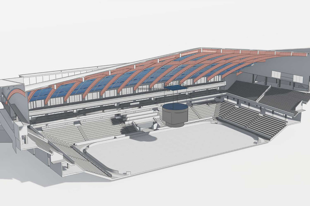 Berne, PostFinance Arena, coupe longitudinale en 3D, HMQ AG