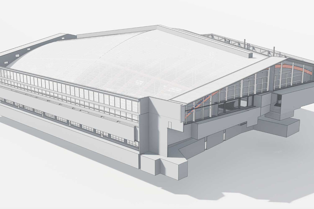 Berne, PostFinance Arena, modèle 3D issu d'un relevé du bâtiment, HMQ AG
