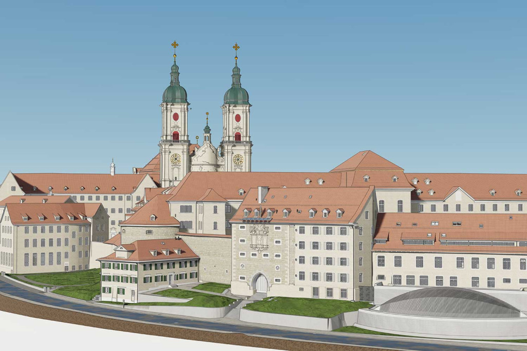 Saint-Gall, modèle BIM en 3D du site du quartier de l'abbaye, réalisé à partir d'un relevé des bâtiments, HMQ AG