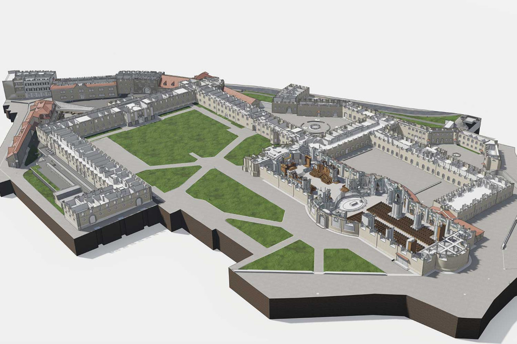Saint-Gall, plan en 3D du quartier de l'abbaye réalisé à partir d'un relevé du bâtiment, HMQ AG