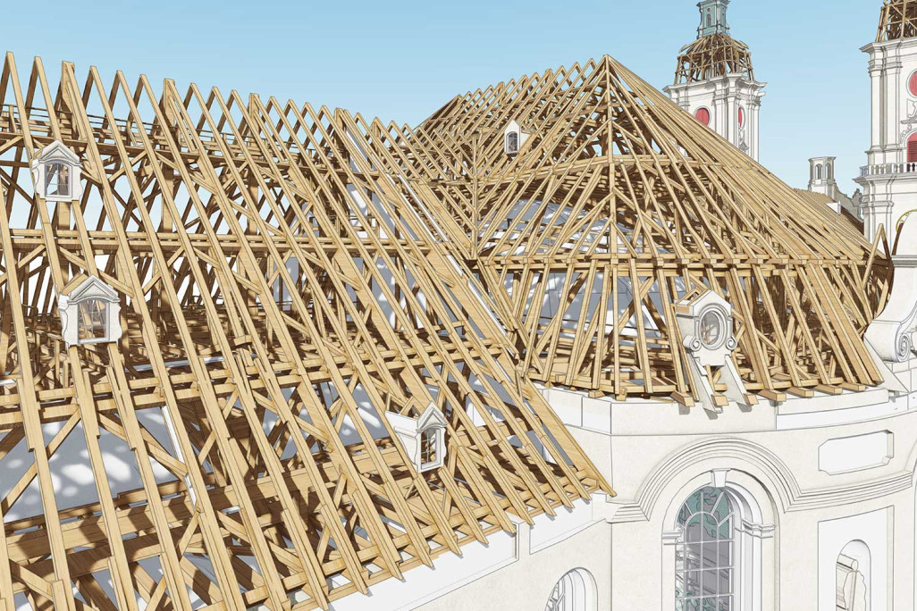 Saint-Gall, modèle 3D des combles de la cathédrale du quartier de l'abbaye, réalisé à partir d'un relevé du bâtiment, HMQ AG