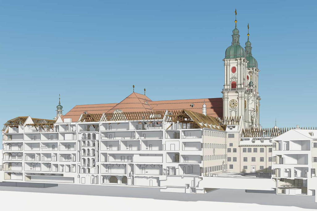 Saint-Gall, modèle 3D en coupe de la cour du monastère sur le site du quartier de l'abbaye, réalisé à partir d'un relevé de bâtiment, HMQ AG