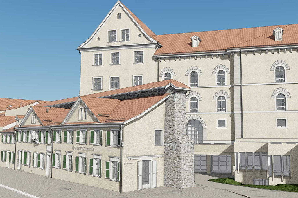 Saint-Gall, modèle 3D de l'arsenal situé dans le quartier de l'abbaye, réalisé à partir d'un relevé du bâtiment, HMQ AG