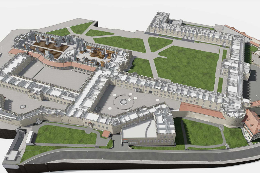 Saint-Gall, plan en 3D du quartier de l'abbaye issu d'un relevé topographique des bâtiments, HMQ AG