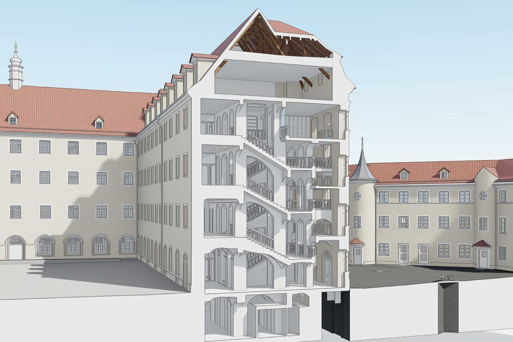 Saint-Gall, modèle 3D en coupe transversale de la cour du monastère sur le site du quartier de l'abbaye, réalisé à partir d'un relevé du bâtiment, HMQ AG