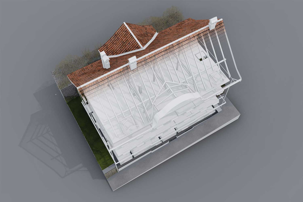 Alvaneu, ancienne école, modèle BIM 3D Vue du toit, HMQ AG