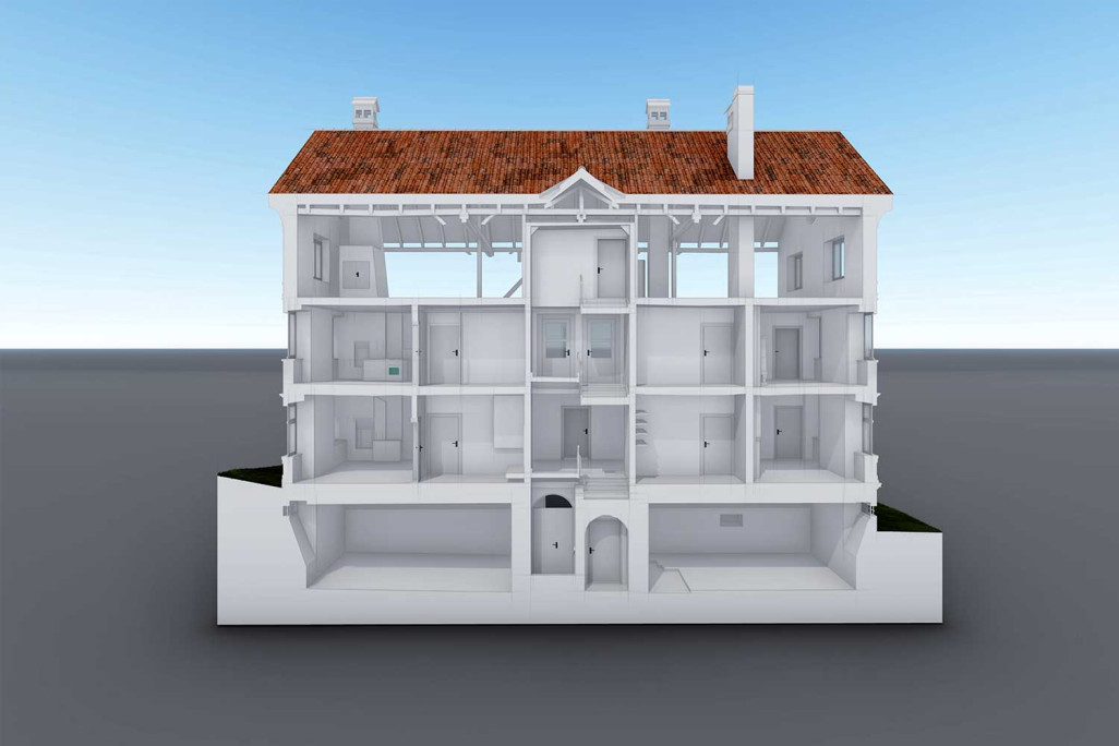 Alvaneu, ancienne école, modèle BIM 3D en coupe longitudinale, HMQ AG