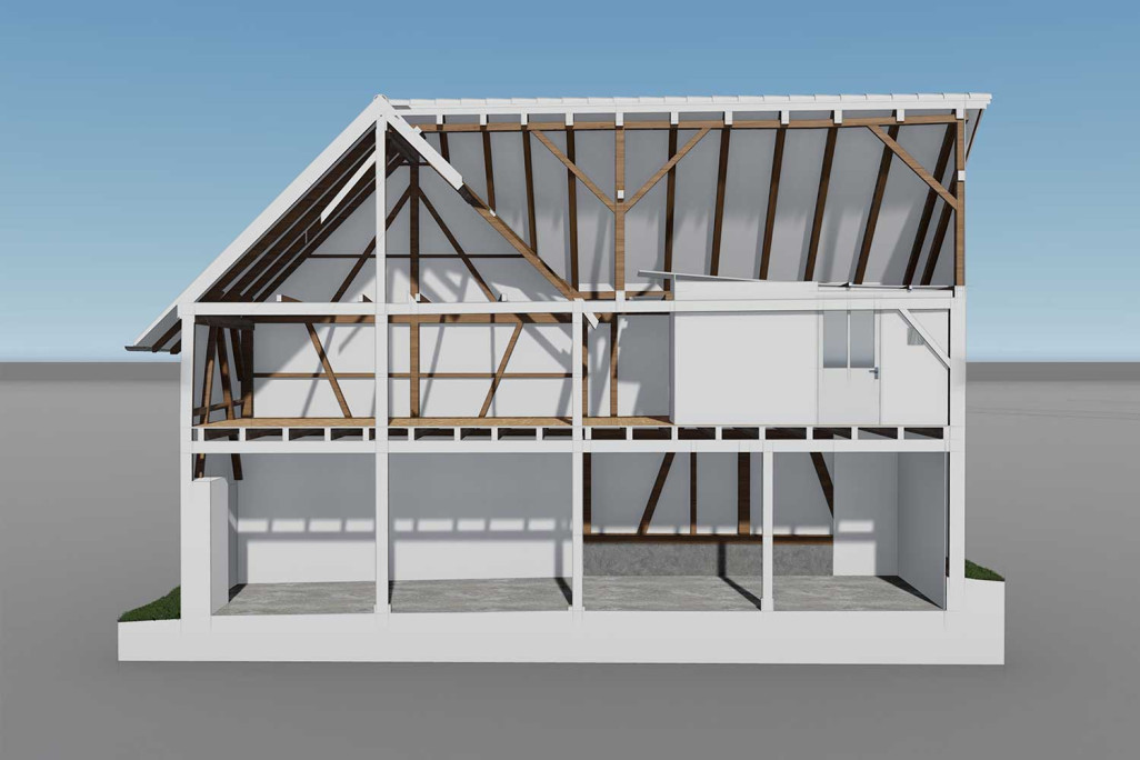 Zurich, relevé du bâtiment Schopf, coupe 3D, HMQ AG