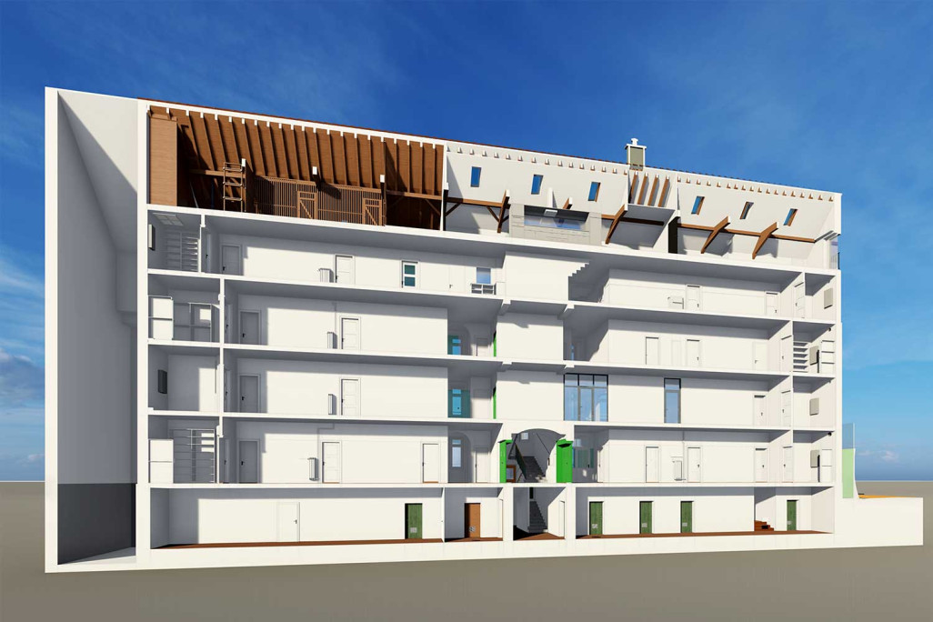 Relevé de bâtiments dans les Grisons, coupe longitudinale 3D, HMQ AG