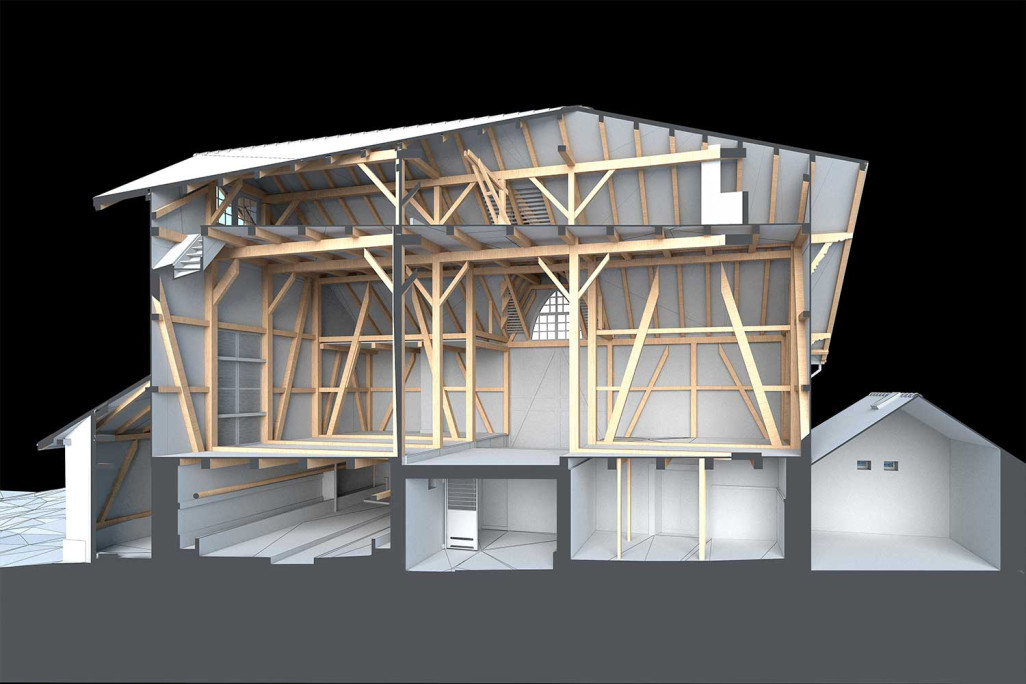 Coupe 3D d'une grange issue d'un relevé de bâtiment, HMQ AG