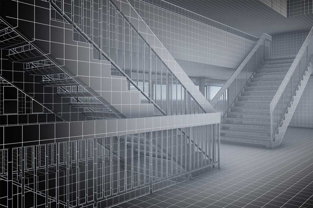 Escalier en 3D, relevé du bâtiment scolaire, HMQ AG