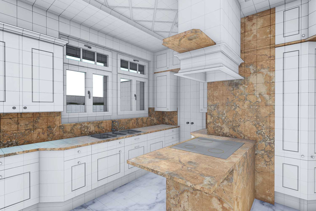 Villa, cuisine en 3D, relevé topographique du bâtiment, HMQ AG