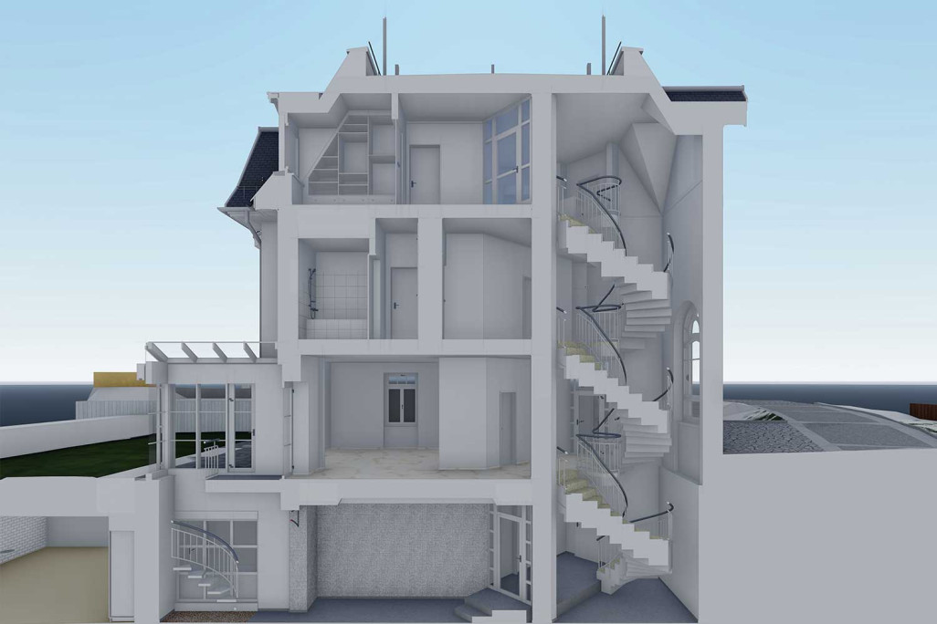 Villa, coupe 3D, relevé topographique du bâtiment, HMQ AG