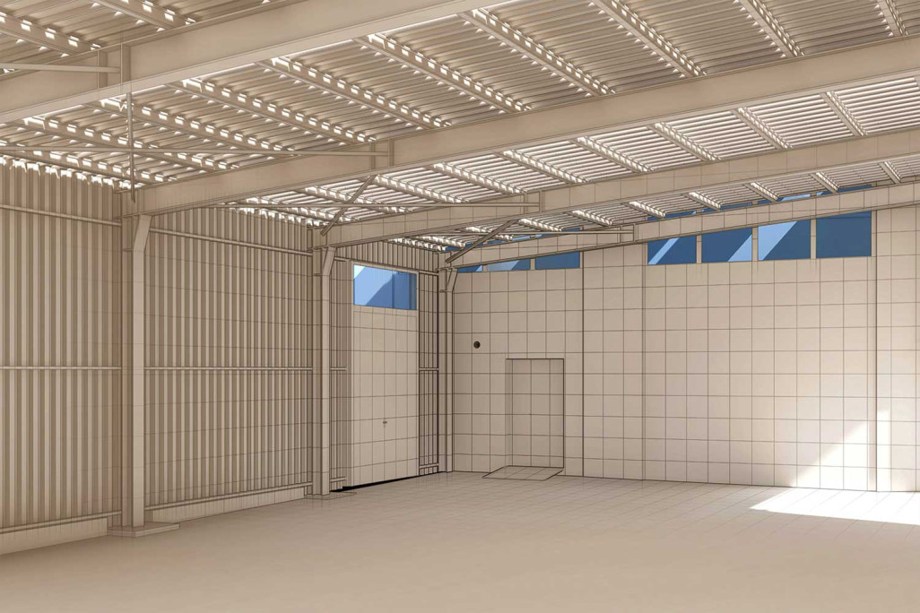 Modélisation 3D à partir du relevé d'un hall industriel dans le Valais, HMQ AG