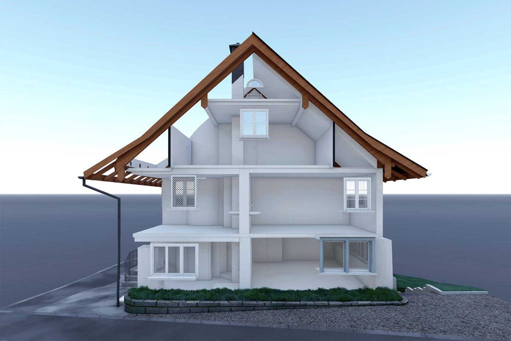 Maison individuelle, relevé du bâtiment en coupe 3D, HMQ AG