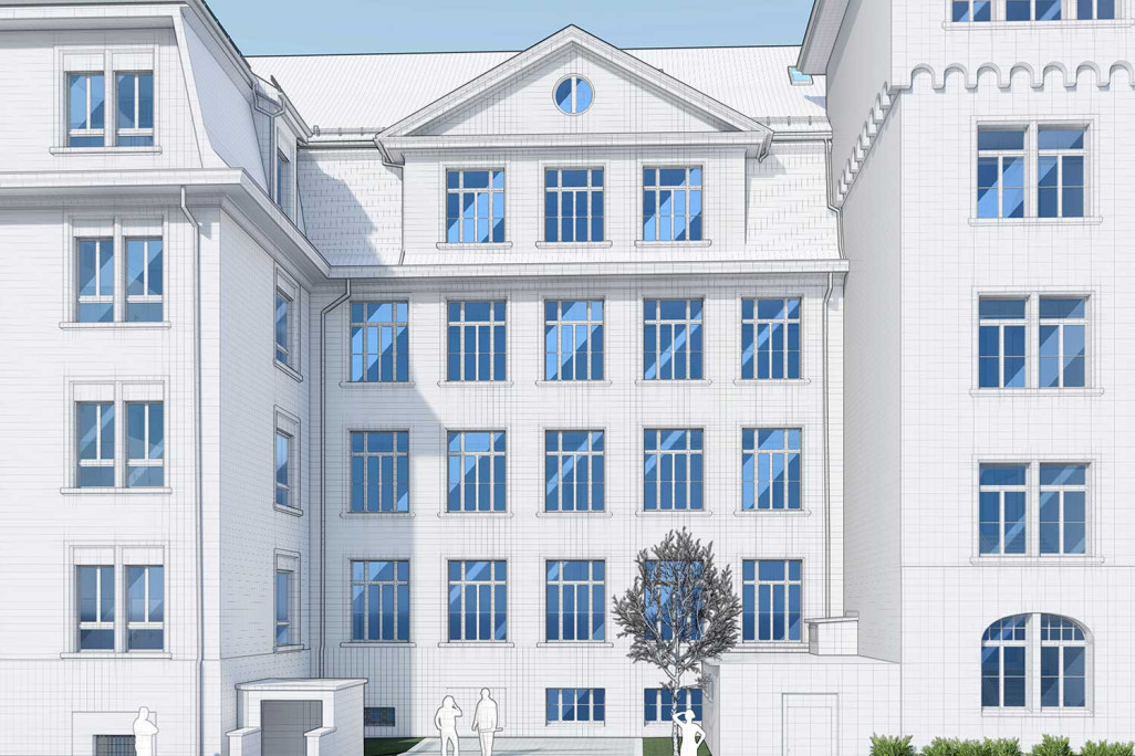 Relevé du bâtiment, école Moosmatt à Lucerne, façade 3D, HMQ AG