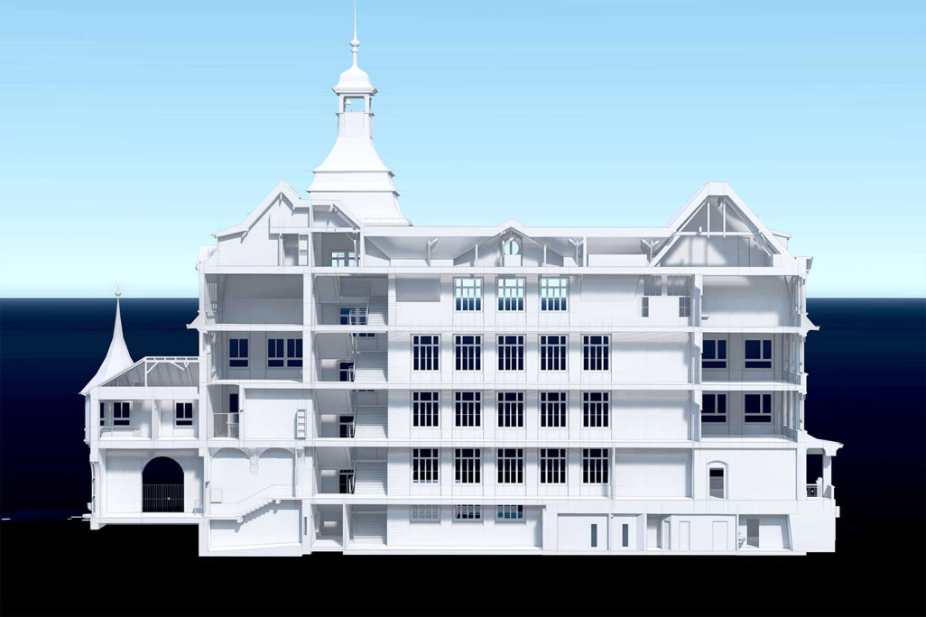 Relevé du bâtiment, école Moosmatt à Lucerne, coupe 3D, HMQ AG