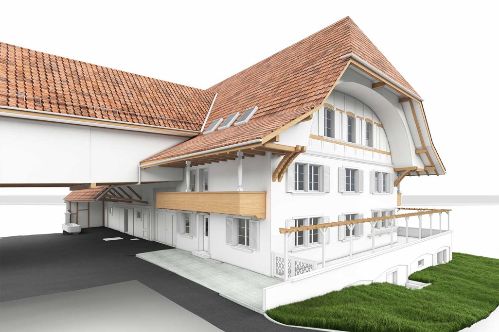 Ferme avec grange, relevé du bâtiment à partir d'un modèle 3D, HMQ AG