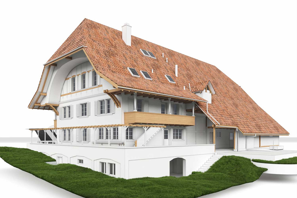 Ferme avec grange, mesure du bâtiment à partir d'un modèle 3D, HMQ AG