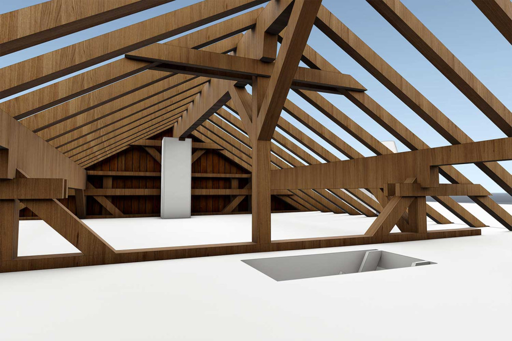 Gunten BE, mesure du bâtiment au bord du lac de Thoune, grenier en 3D, HMQ AG