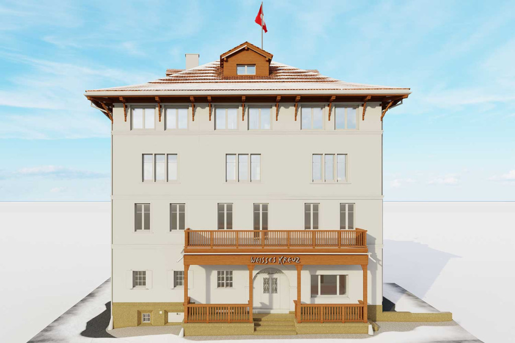 Bergün GR, hôtel Weisses Kreuz, vue 3D de la façade, HMQ AG