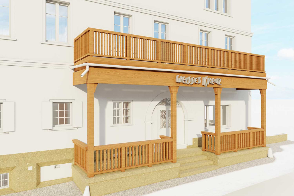 Bergün GR, Hôtel Weisses Kreuz, vue en 3D, HMQ AG