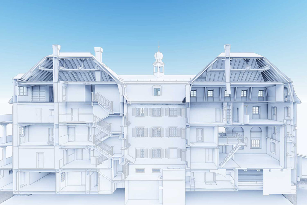 Andeer GR, relevé du bâtiment, biens d'exploitation, coupe 3D, HMQ AG