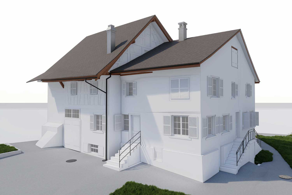 Rudolfingen ZH, métrage du bâtiment et modélisation 3D avec ArchiCAD, HMQ AG