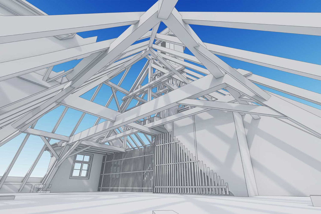 Modèle BIM 3D avec la structure du toit de la crèche Erzenholz à Frauenfeld, HMQ AG