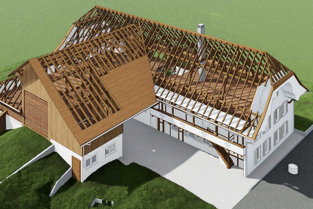Construction 3D du toit d'une ferme avec grange à Bellmund, HMQ AG