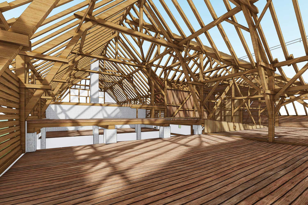 Construction de toiture en 3D d'une ferme avec grange à Bellmund, HMQ AG