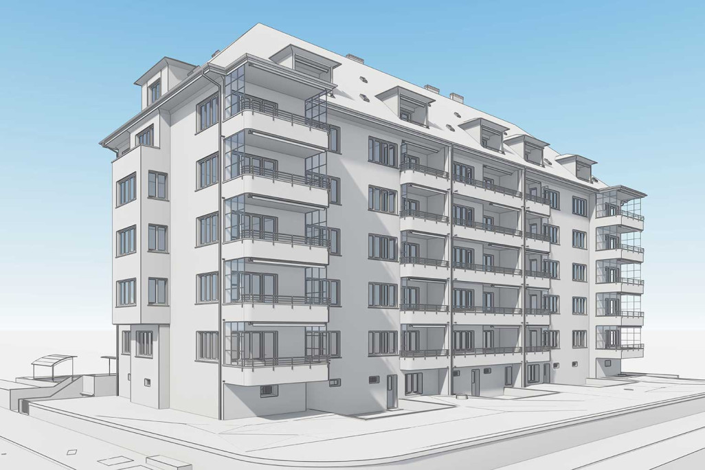 Modèle 3D d'un immeuble collectif dans la ville de Berne, HMQ AG