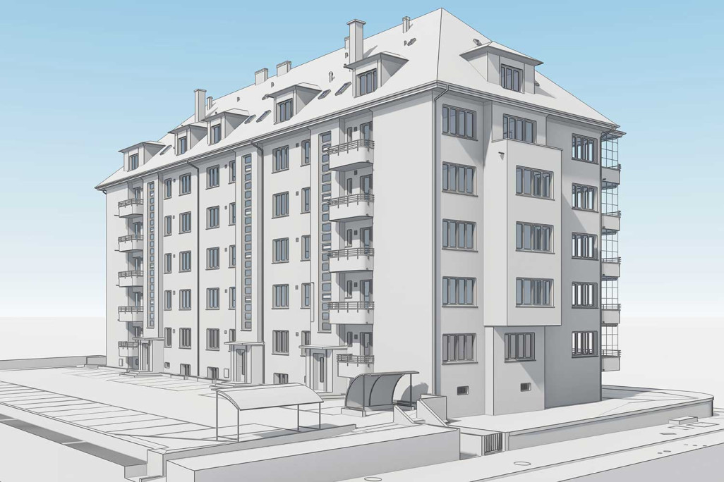 Numérisation laser 3D d'un immeuble collectif dans la ville de Berne, HMQ AG