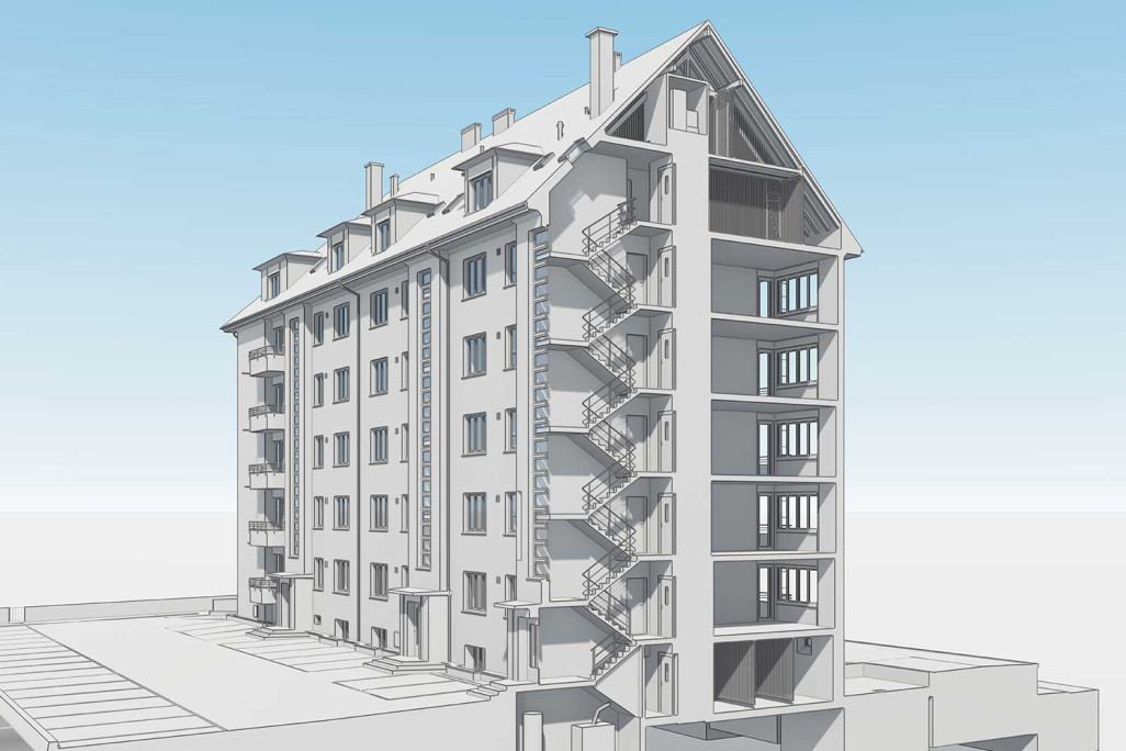 Coupe 3D d'une cage d'escalier d'un immeuble collectif dans la ville de Berne, HMQ AG