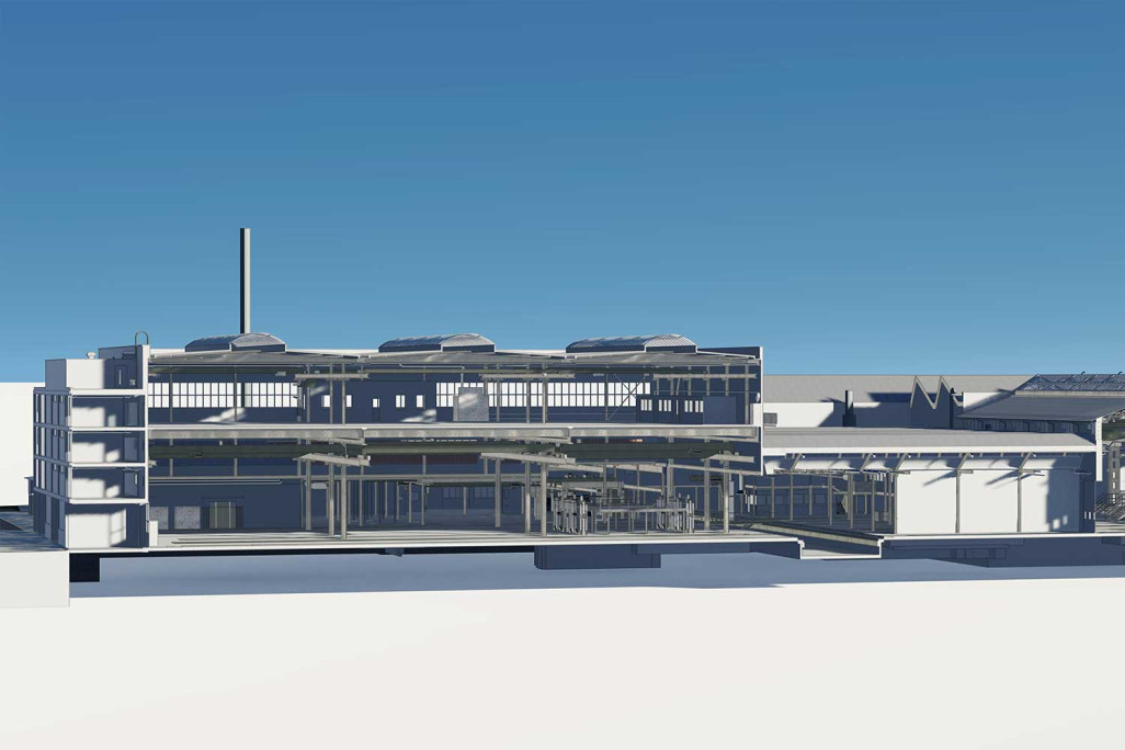 Bienne, atelier CFF de Bienne, relevé du bâtiment, coupe 3D, HMQ AG