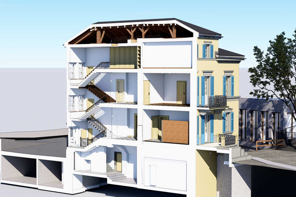 Coupe à travers le modèle 3D de la Villa Brügger à Coire, HMQ AG