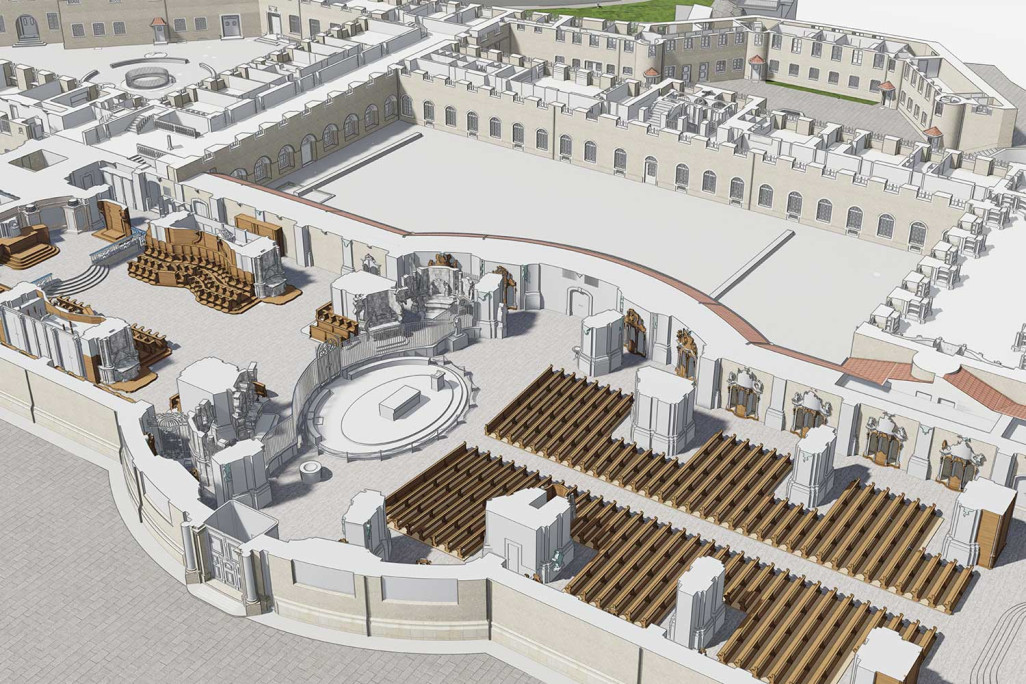 Quartier de l'abbaye de Saint-Gall, relevé du bâtiment, plan en 3D de la cathédrale et de la cour du monastère, HMQ AG