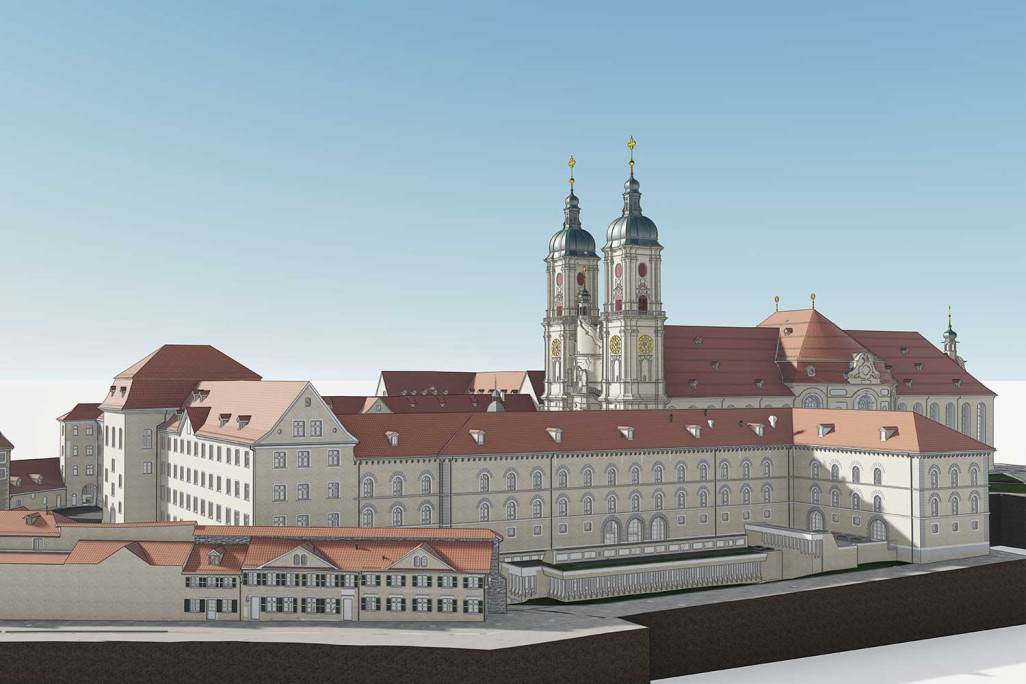 Quartier de l'abbaye de Saint-Gall, relevé du bâtiment, modèle 3D du site du quartier de l'abbaye, HMQ AG