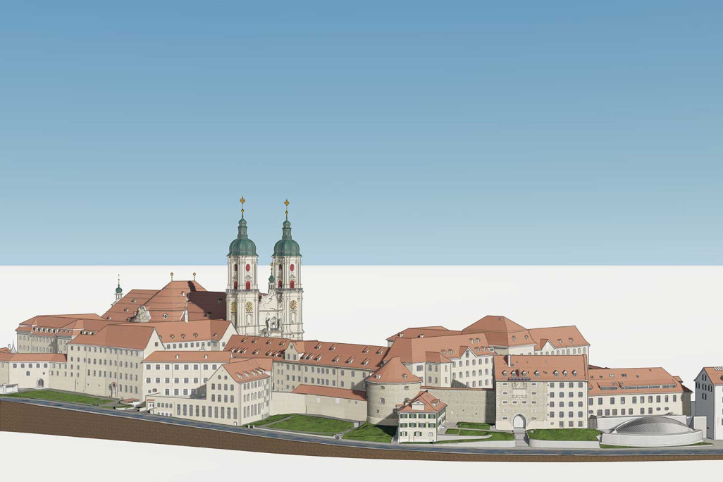 Quartier de l'abbaye de Saint-Gall, relevé du bâtiment, modèle 3D du site du quartier de l'abbaye, HMQ AG