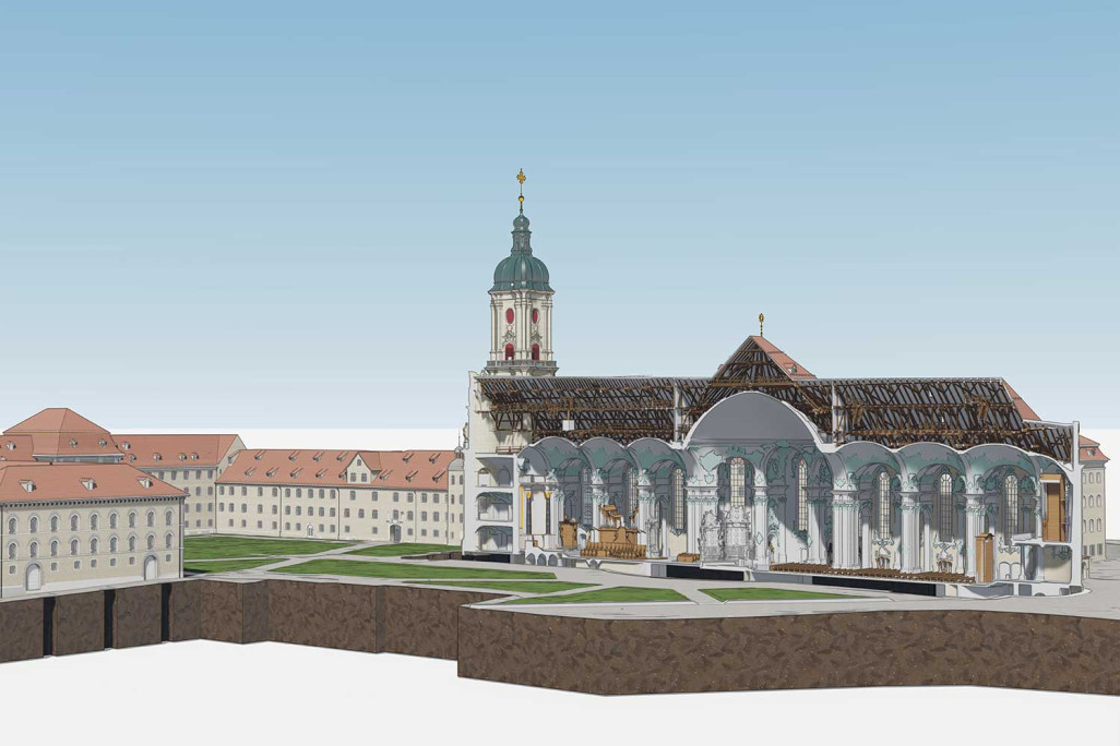 Quartier de l'abbaye de Saint-Gall, relevé du bâtiment, coupe longitudinale de la cathédrale à partir d'un modèle 3D, HMQ AG