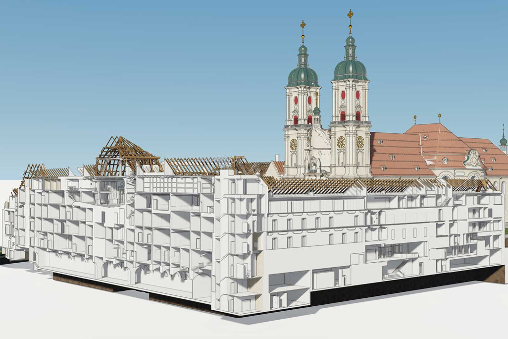 Quartier de l'abbaye de Saint-Gall, relevé du bâtiment, coupe du bâtiment du gouvernement à partir d'un modèle 3D, HMQ AG