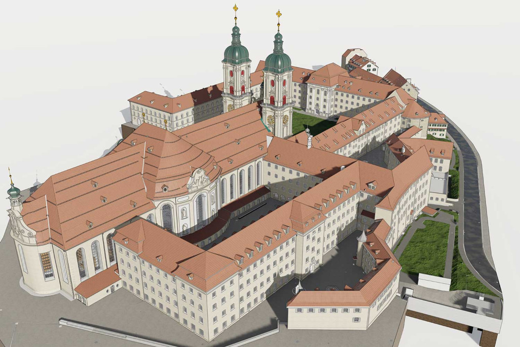 Quartier de l'abbaye de Saint-Gall, relevé des bâtiments, modèle 3D du site du quartier de l'abbaye, HMQ AG