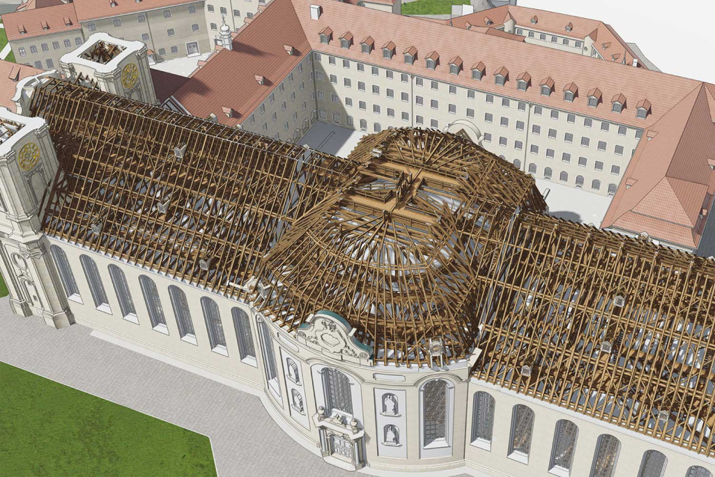 Quartier de l'abbaye de Saint-Gall, relevé du bâtiment, modèle 3D des combles de la cathédrale, HMQ AG