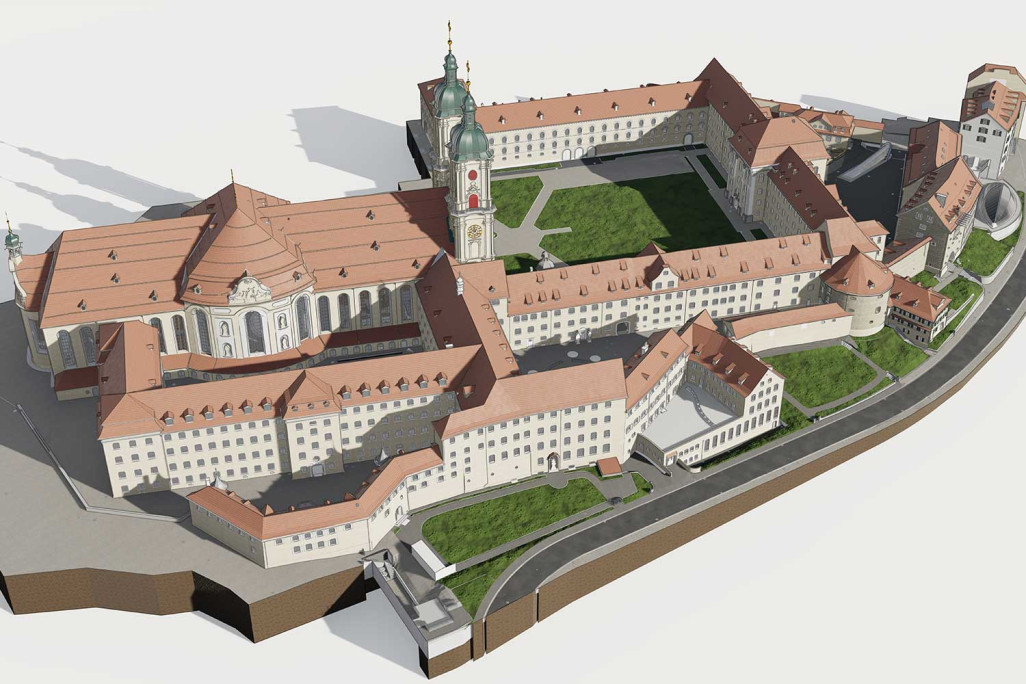 Quartier de l'abbaye de Saint-Gall, relevé des bâtiments, modèle 3D du site du quartier de l'abbaye, HMQ AG