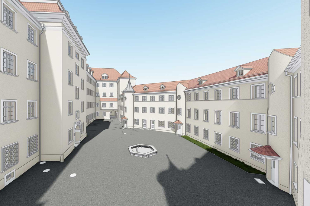 Quartier de l'abbaye de Saint-Gall, relevé des bâtiments, modèle 3D de la cour de l'abbaye, HMQ AG