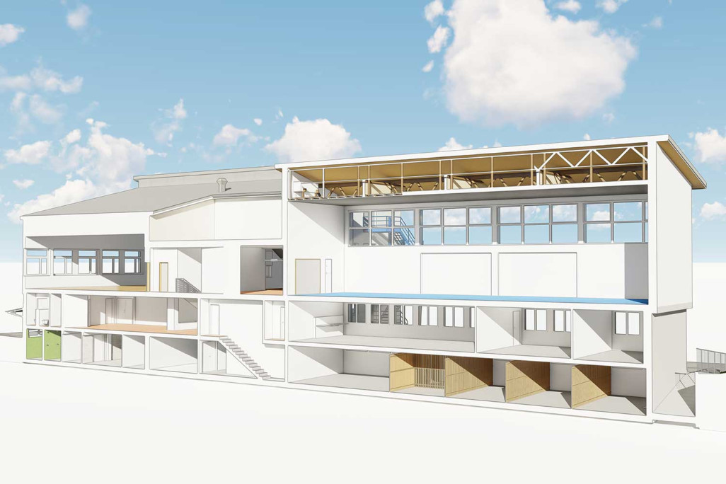 Vordemwald, relevé de la salle communale et du gymnase, coupe longitudinale en 3D, HMQ AG