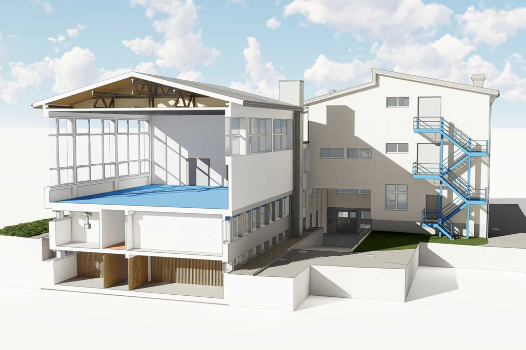 Vordemwald, relevé de la salle communale et du gymnase, coupe transversale en 3D, HMQ AG