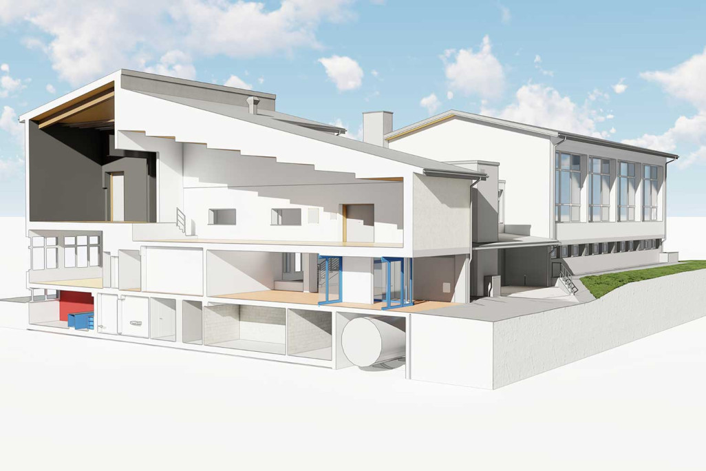 Vordemwald, relevé de la salle communale et du gymnase, vue en coupe 3D, HMQ AG