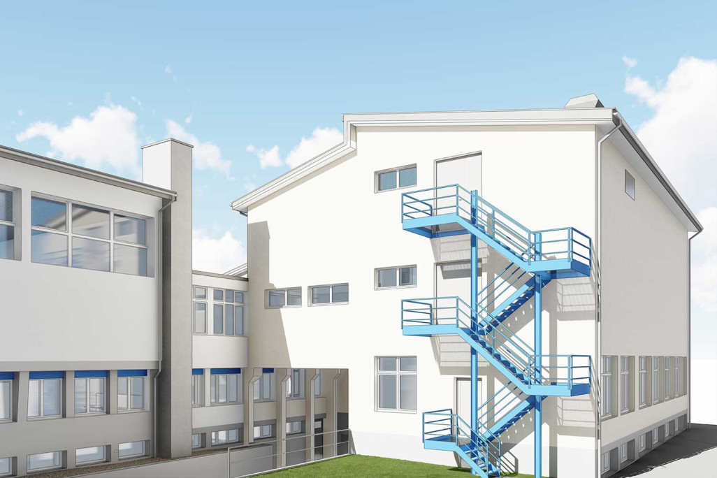 Vordemwald, relevé topographique de la salle communale et du gymnase, façades en 3D, HMQ AG