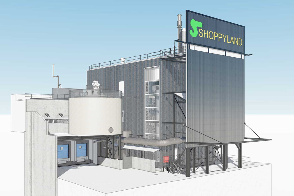 Schönbühl (BE), centrale énergétique Shoppyland, modèle 3D, HMQ AG